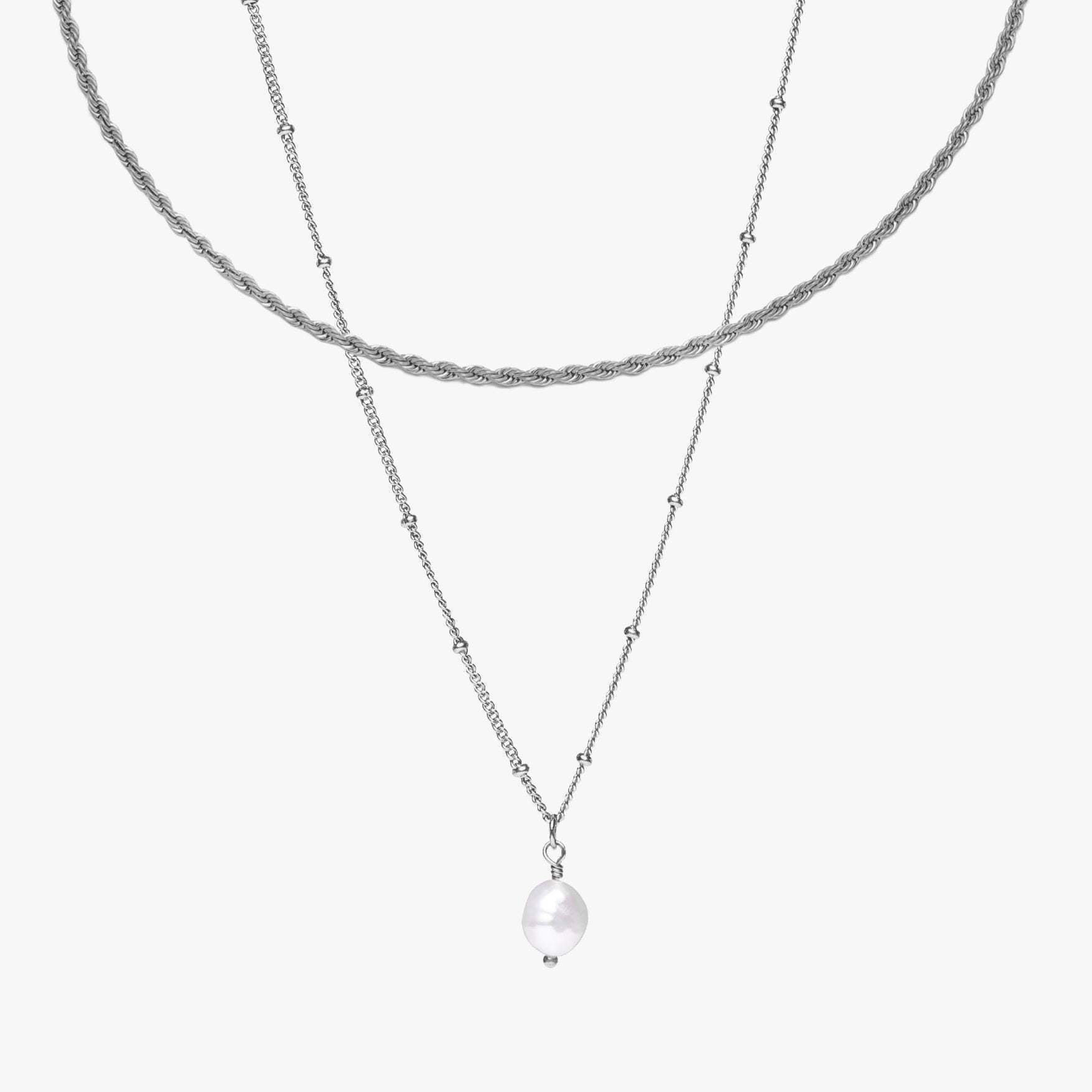 Steel-color twist-bead pearl necklace, layered double chains with teardrop pearl drop