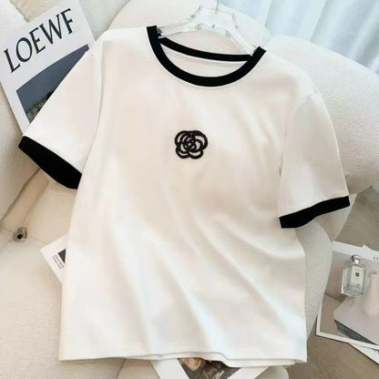 Women's two-piece set top: white short-sleeve tee with black collar trim and logo