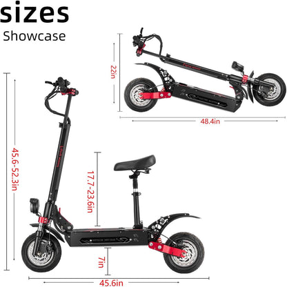 Black electric scooter with red fender stripe, seat and front and rear wheel