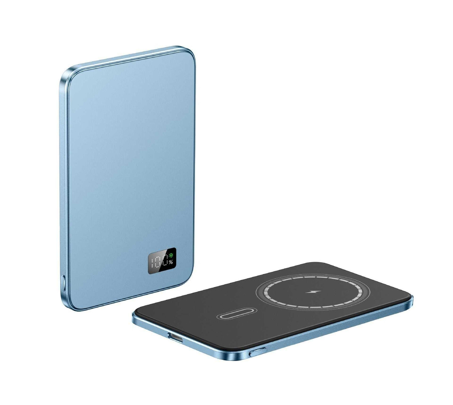 3-in-1 MagSafe power bank in blue with rear battery and wireless charging pad