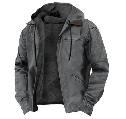 Men’s hooded fleece zip-up jacket in gray with black inner hood and front zip pockets.