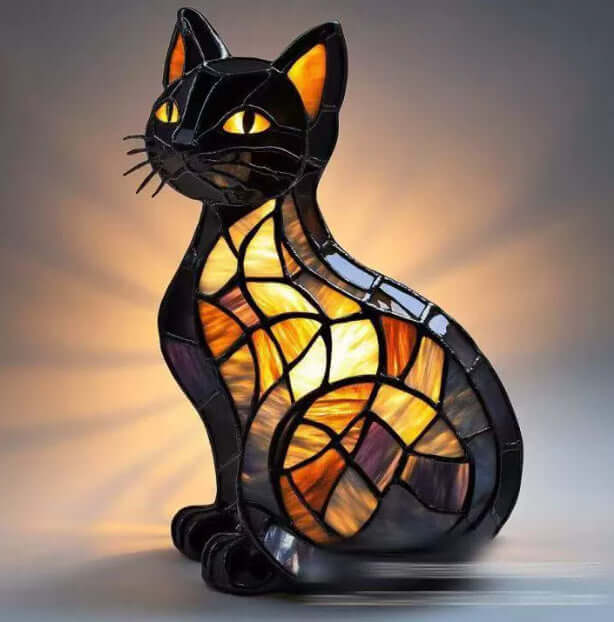 Colorful cat lamp with sitting mosaic cat, glowing eyes and multicolor pattern