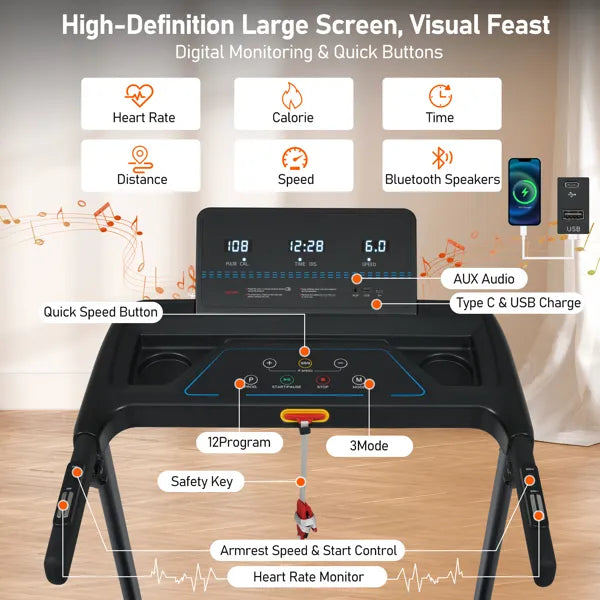 Foldable Treadmill with Incline | 300lb Capacity & Bluetooth