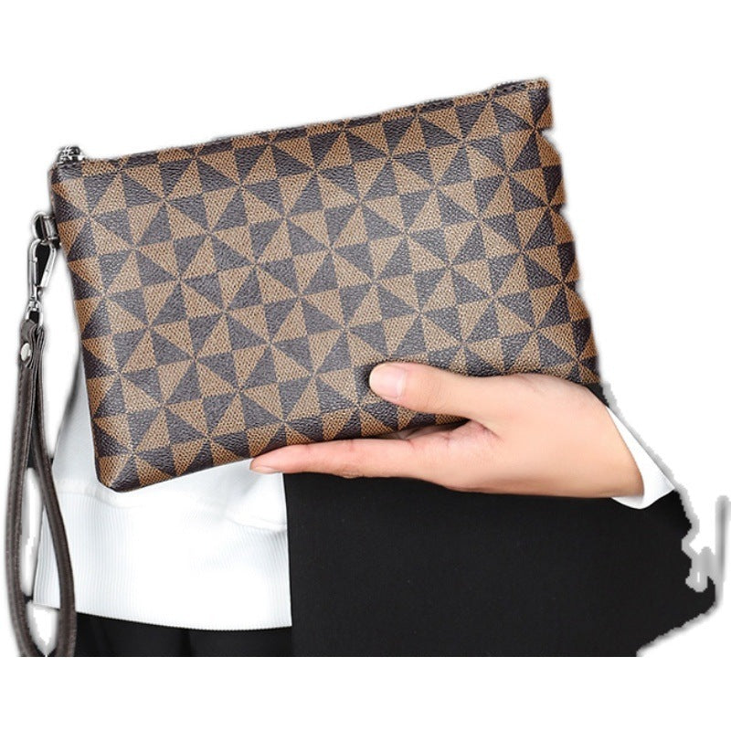 Men's wear-resistant long wallet, tan and brown geometric fabric, zip top, wrist strap