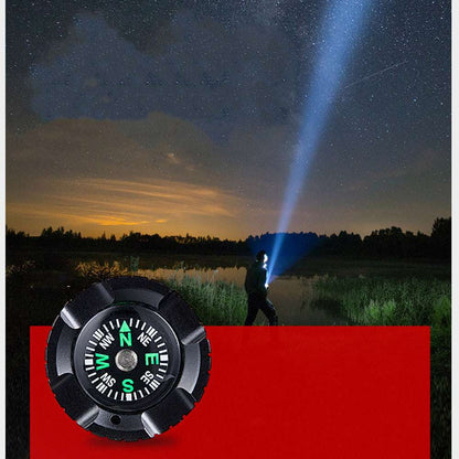 Person using a flashlight in a night scene with a compass overlay on a red background