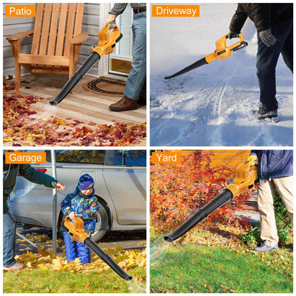 Cordless leaf blower shown in use on patio, driveway, garage, and yard