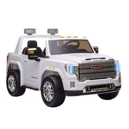 White kids ride-on GMC truck with front LED lights, grille, and chunky tires