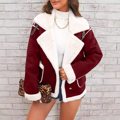 Women's Plush Polo Collar Jacket - Warm Casual Winter Fleece Coat Fashion Polo Collar Plush Jacket Winter | Ectron Online