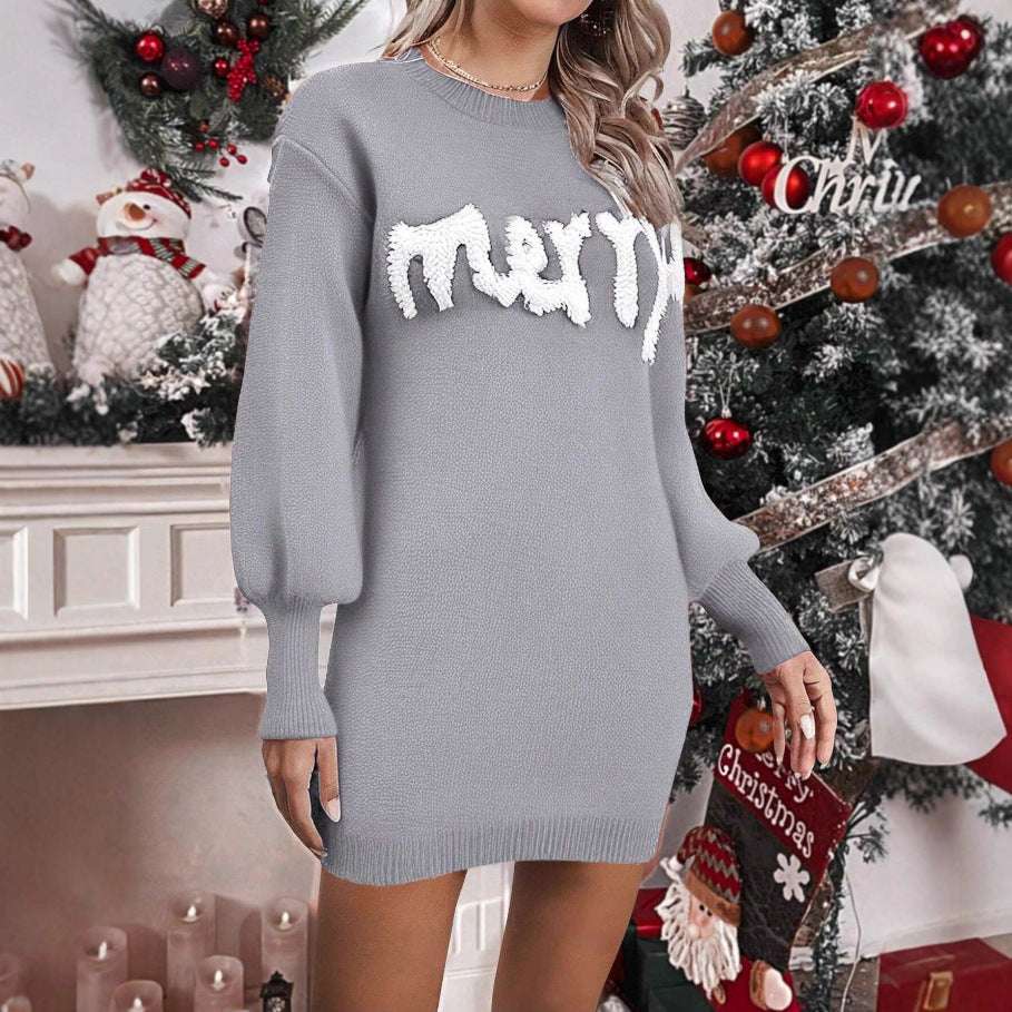 Women's Knitted Sheath Dress Women's Knitted Round Neck Lantern Sleev | Ectron Online