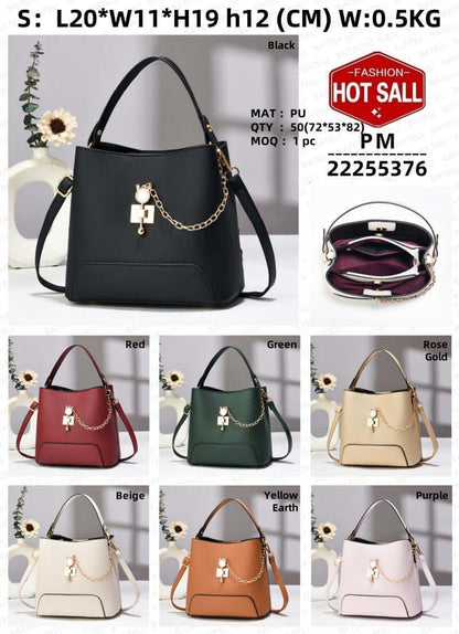 PU leather bucket bag in multiple colors, showing chain charm and curved top handles