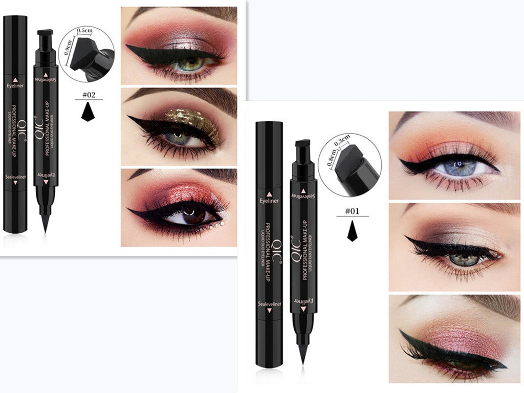 Winged eyeliner stamp pens with stamp head detail and examples of dark winged eyeliner