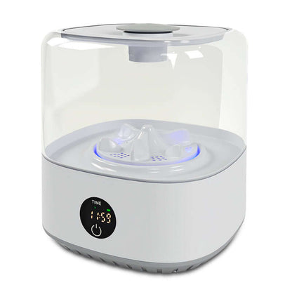 Mini cordless portable washer with clear lid and circular control panel on front