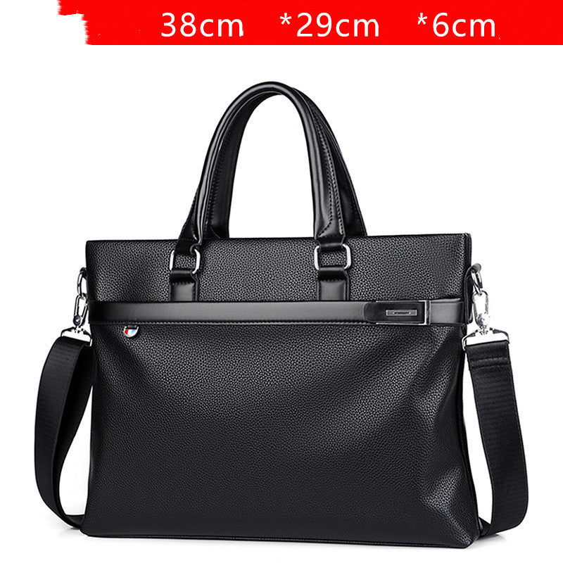 Men's soft leather briefcase, large black with top handles, front zip pocket, shoulder strap