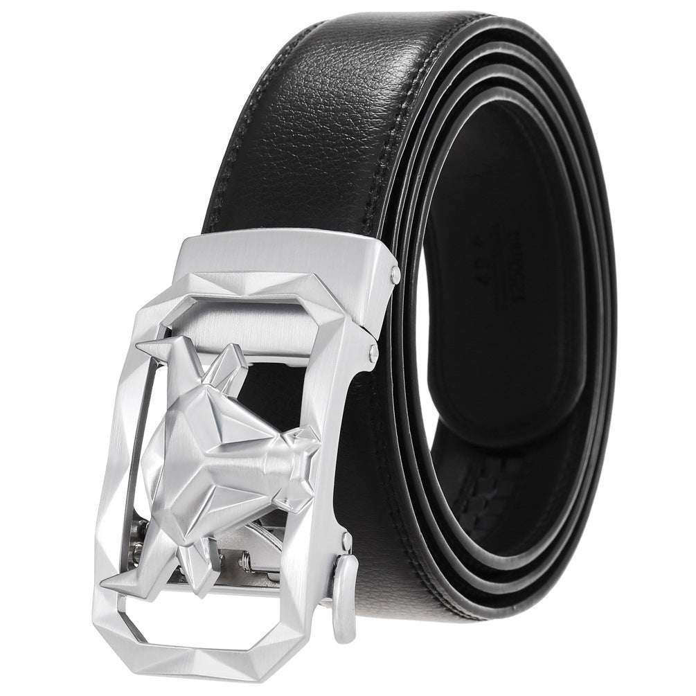 Fashion Men's Leather Belt Alloy Automatic Buckle with sleek silver alloy buckle and premium black leather design.