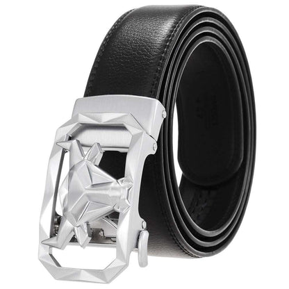 Fashion Men's Leather Belt Alloy Automatic Buckle with sleek silver alloy buckle and premium black leather design.