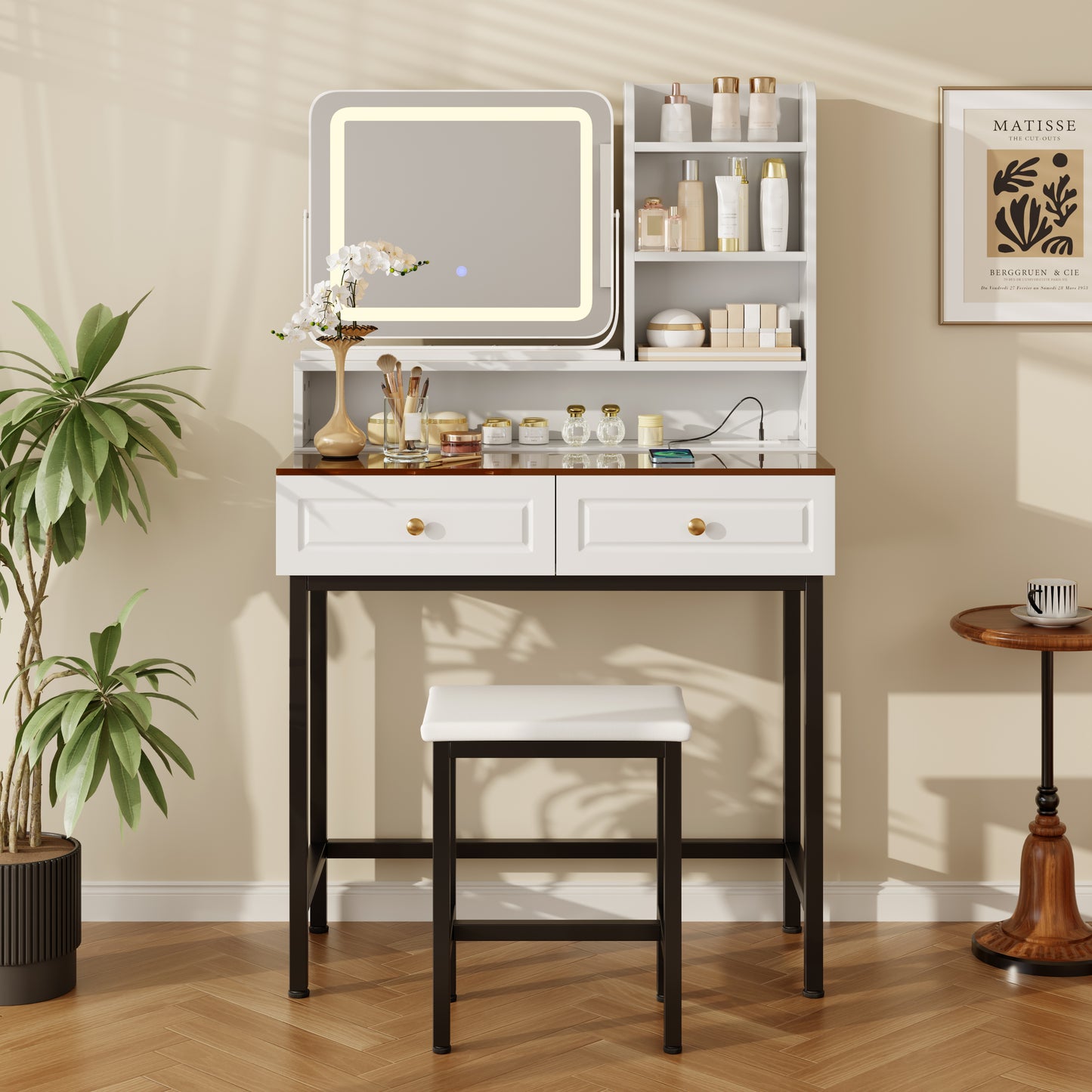 White Makeup Vanity with LED 360° Mirror, Power Outlet & Amber Glass