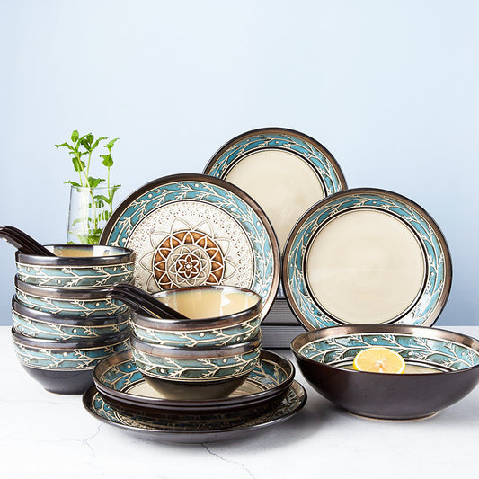 European Style Embossed Bowl And Plate Ceramic Tableware Set