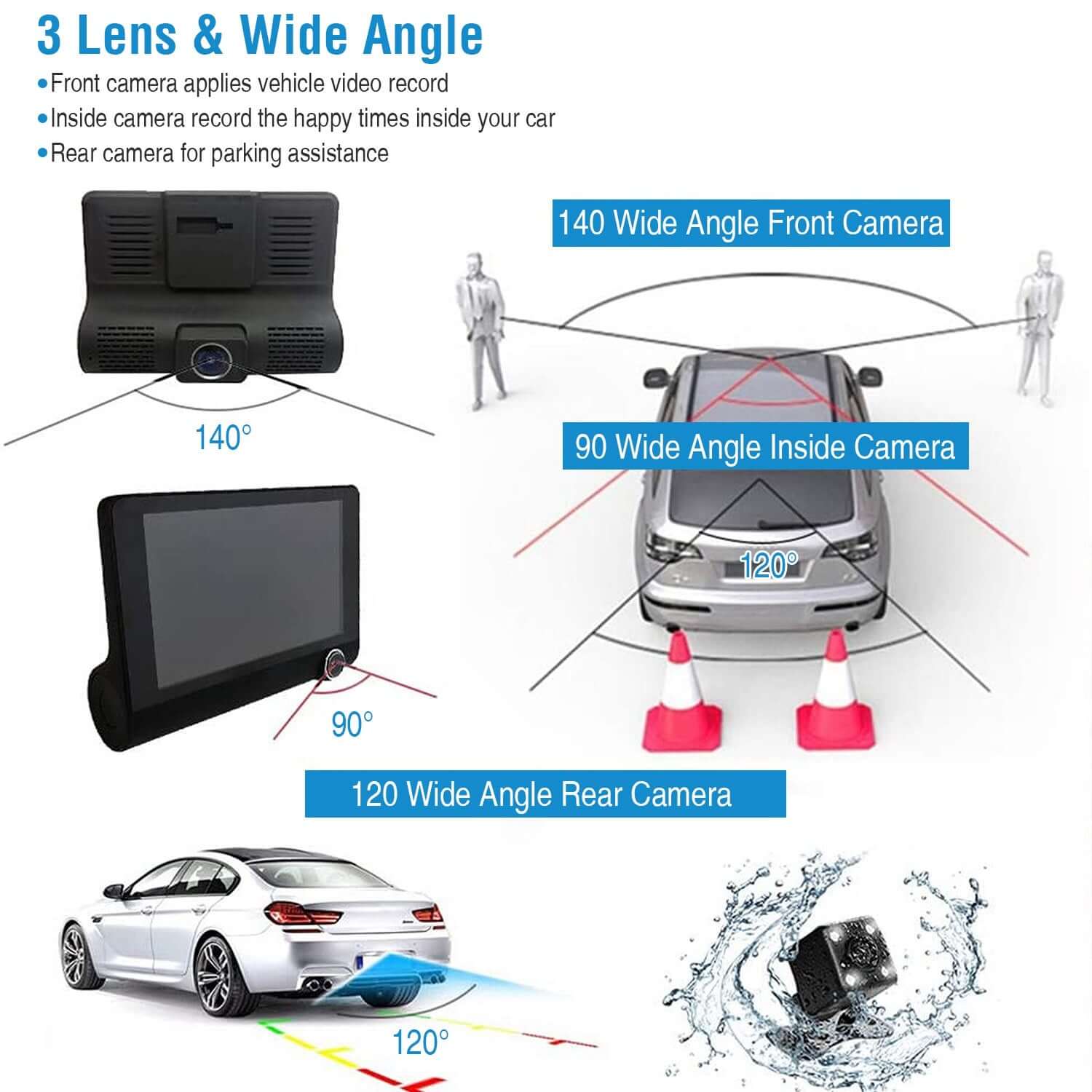 1296P 3-Lens Car Dash Cam - Front, Interior & Rear DVR Recorder 1296P Car DVR Dash Camera 4In 3 Lens Veh | Ectron Online