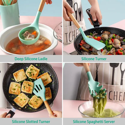 {{ brand }} 11 Pcs Silicone Cooking Utensil Set - Heat Resistant with Wooden Handles - 11Pcs Silicone Cooking Utensil Set Heat