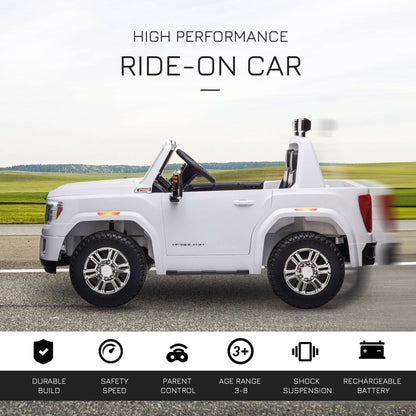 White kids ride-on pickup truck with chrome wheels and rear cabin seat