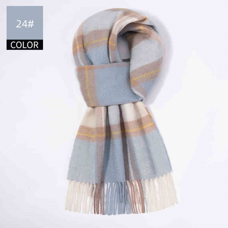 Plaid scarf with gray, beige, and white colors on a light gray background