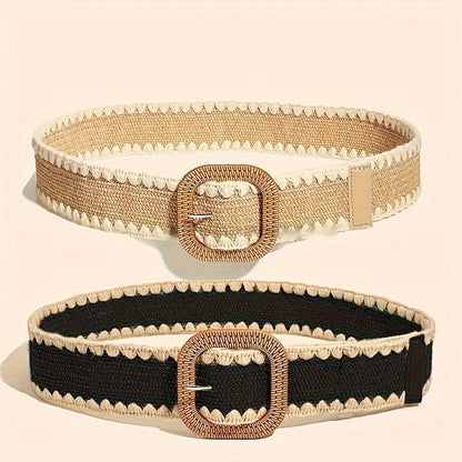 European And American Wooden Buckle Elastic Pp Grass Belt