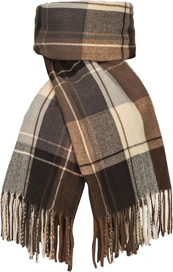 Oversized plaid winter scarf in dark brown and beige with tassel fringe