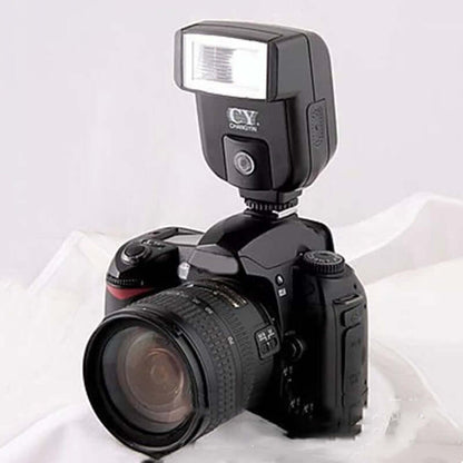 Black flash bracket mounted on a camera with swiveling flash head