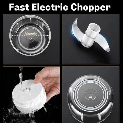 Fast electric chopper with transparent bowl and stainless blades, magnet base
