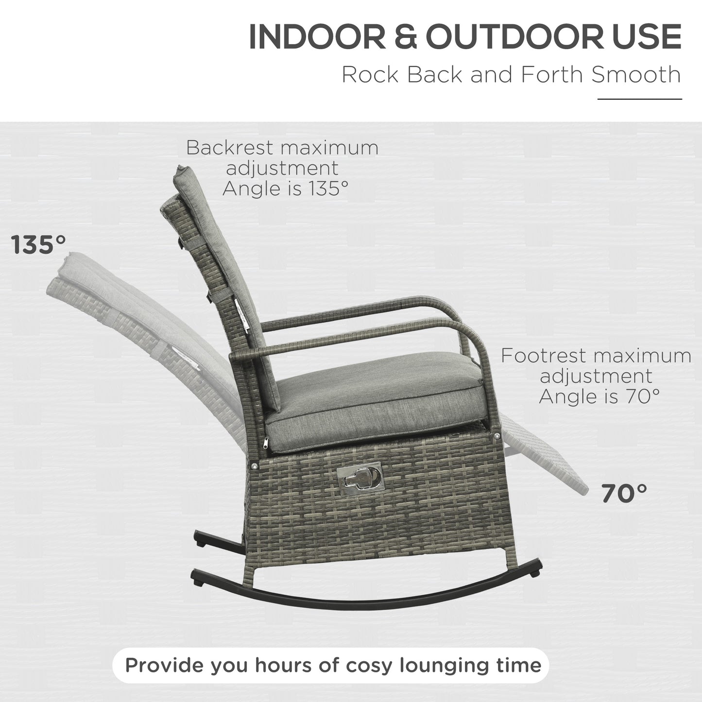 Gray rocking recliner with padded seat and back cushions, includes footrest