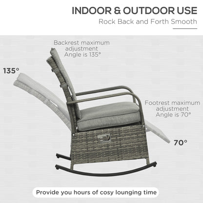 Gray rocking recliner with padded seat and back cushions, includes footrest