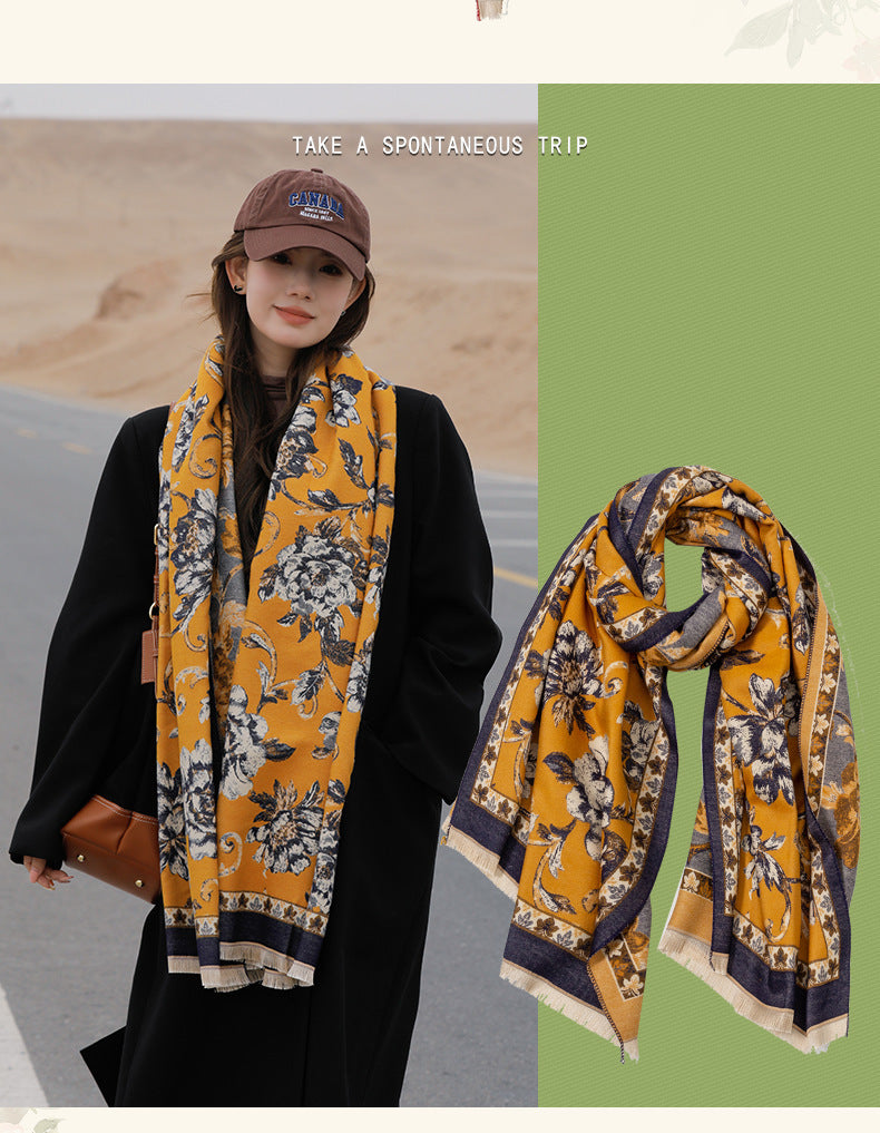 Retro Ethnic Style Peony Flower Cashmere Scarf