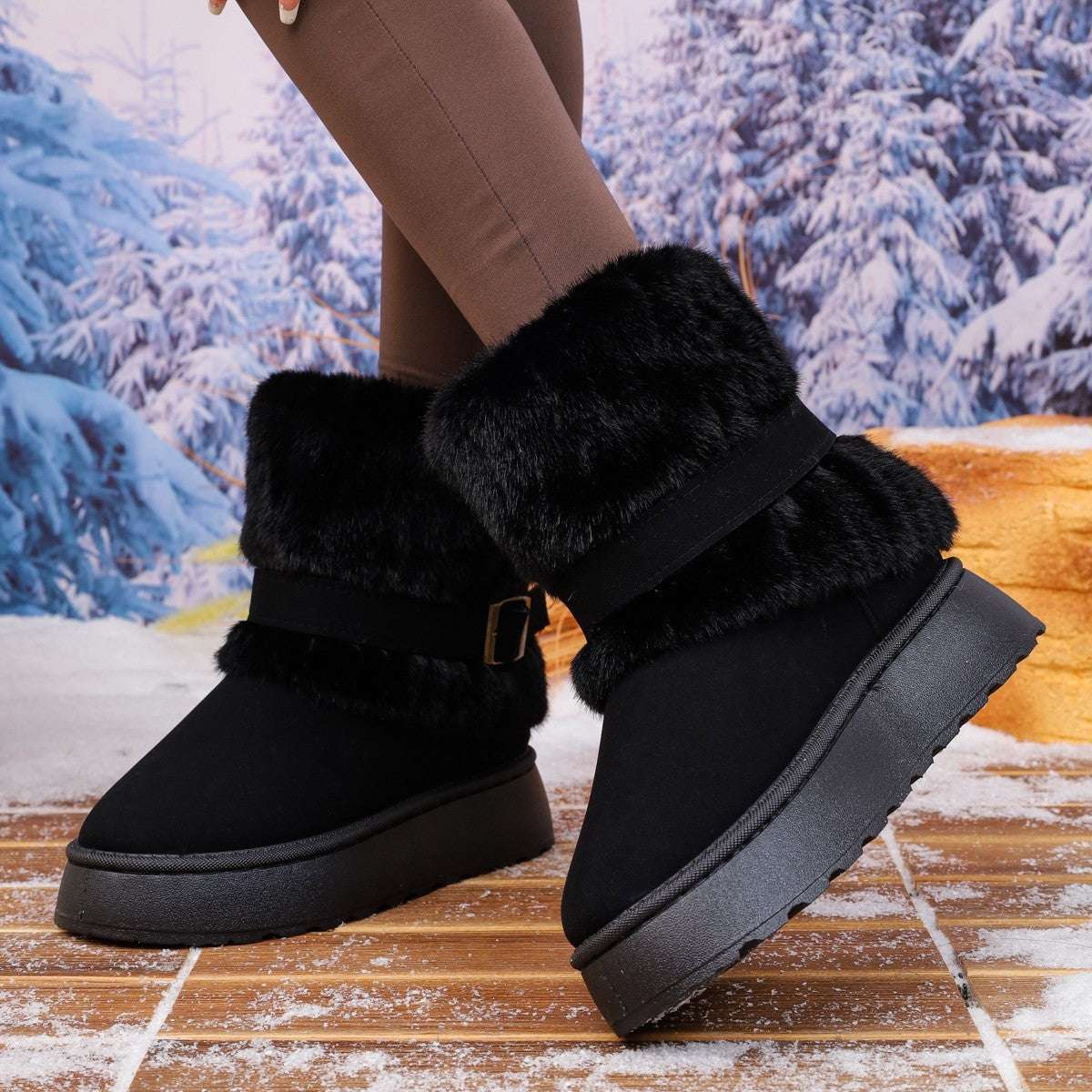 Black winter boots with fur trim 
