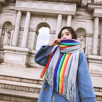 Rainbow Double Sided Scarf Women's Cashmere Tassel