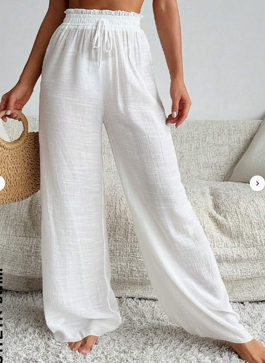 Elegant White High-Waist Wide-Leg Swimsuit Bottoms Women White High Waist Ruffle Tied Wide | Ectron Online