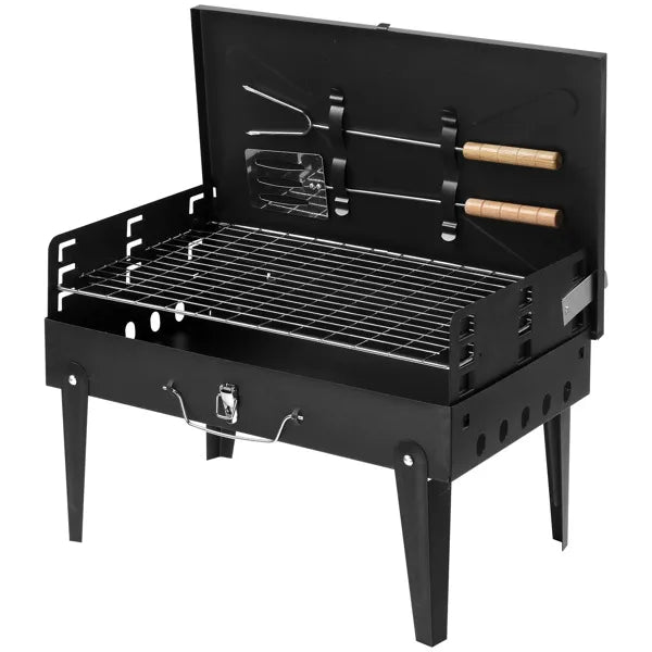 Black square charcoal grill with open lid, tool holders, and cooking grate
