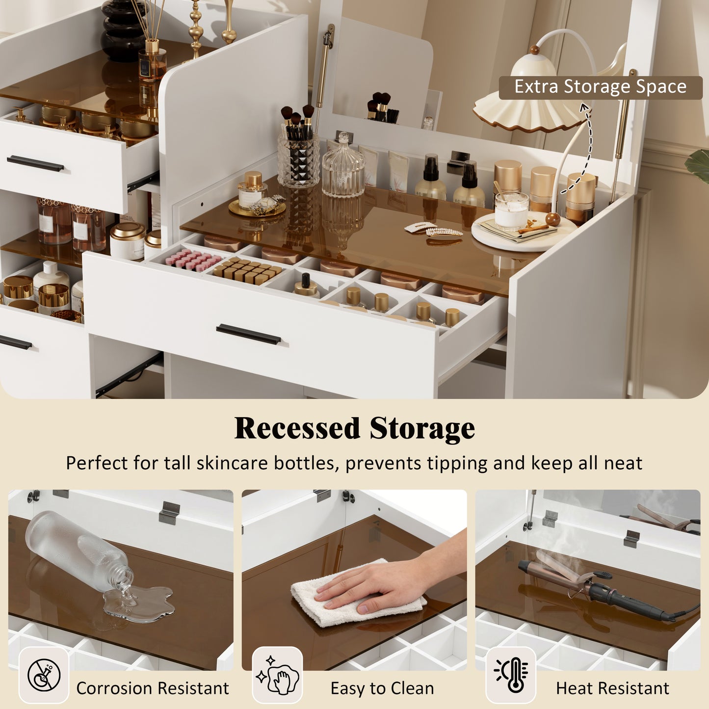 3-in-1 White Vanity Desk with Flip Top Mirror and Glass Tabletop