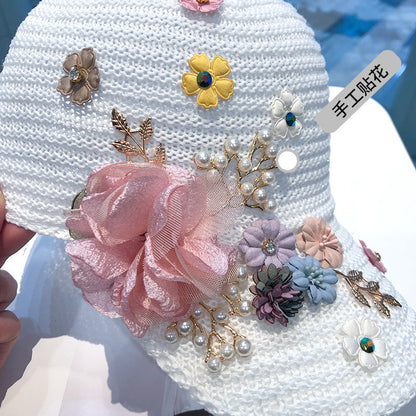 Knitted Flower Rhinestone Baseball Cap Women's Handmade Applique Sunshade