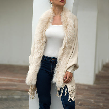 Women's Faux Fur Trim Cardigan Coat - Fringe Hem Layer Poncho For Fall & Winter Women's Faux Fur Trim Cardigan Coat - Fr | Ectron Online