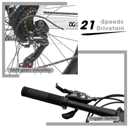 Trigger shifter and handlebar grips with close-up drivetrain on a white mountain bike