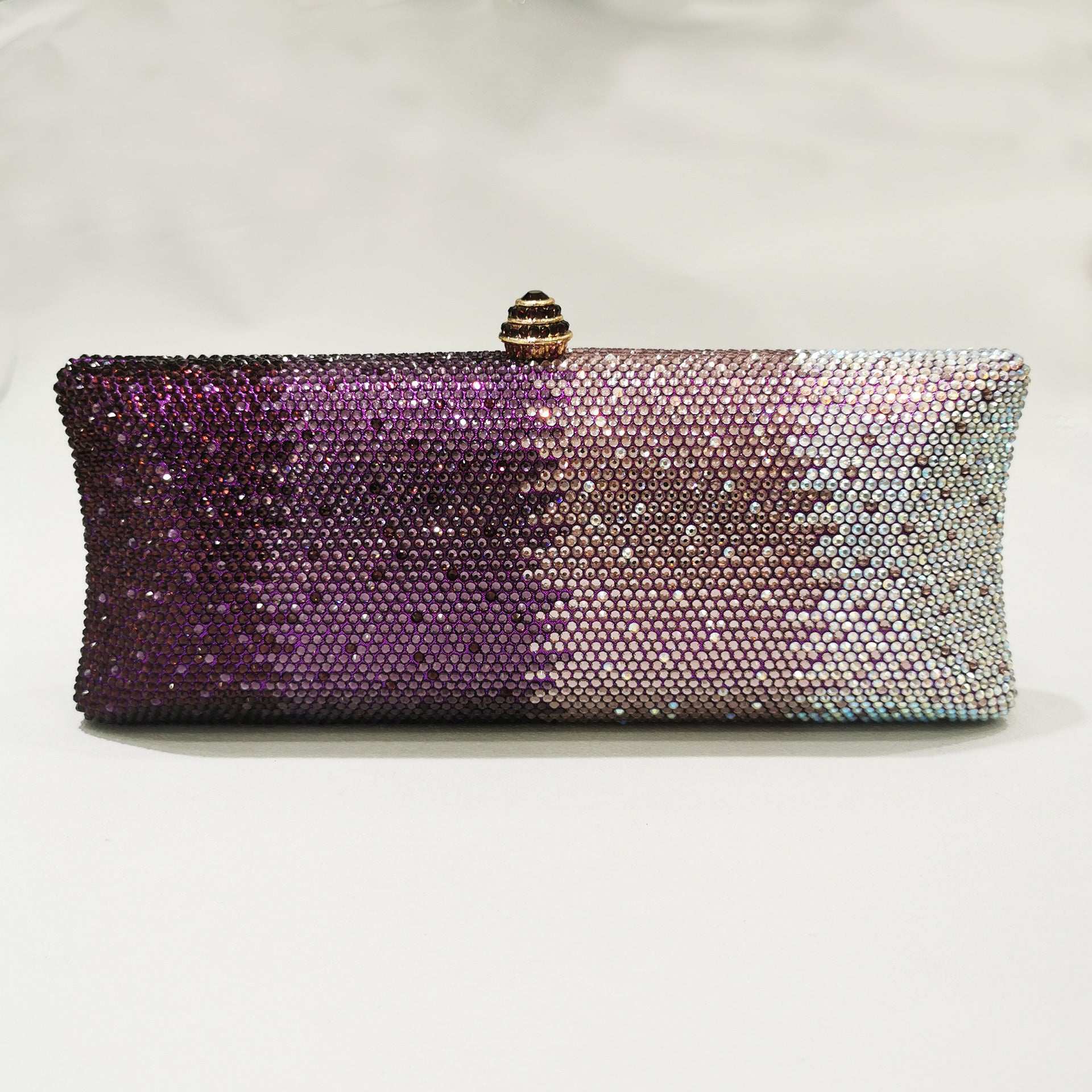 Rhinestone gradient dinner clutch with top clasp and chain, purple to pale pink