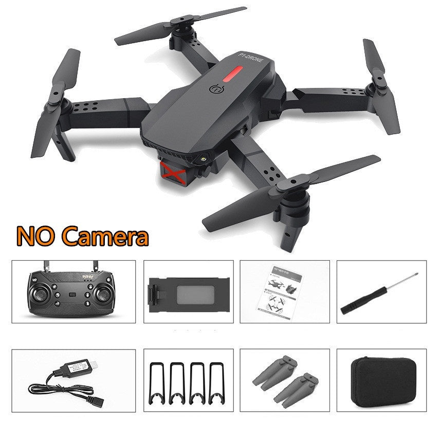 Folding quadcopter drone without camera, black body with four propellers and remote