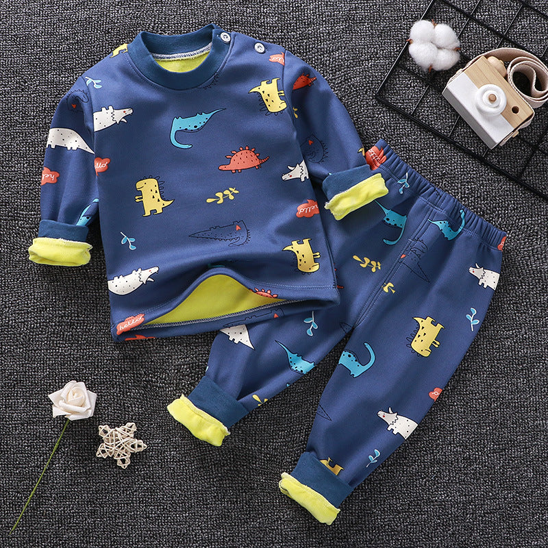 Kids thermal underwear set in dark blue with dinosaur prints, long-sleeve top and pants.