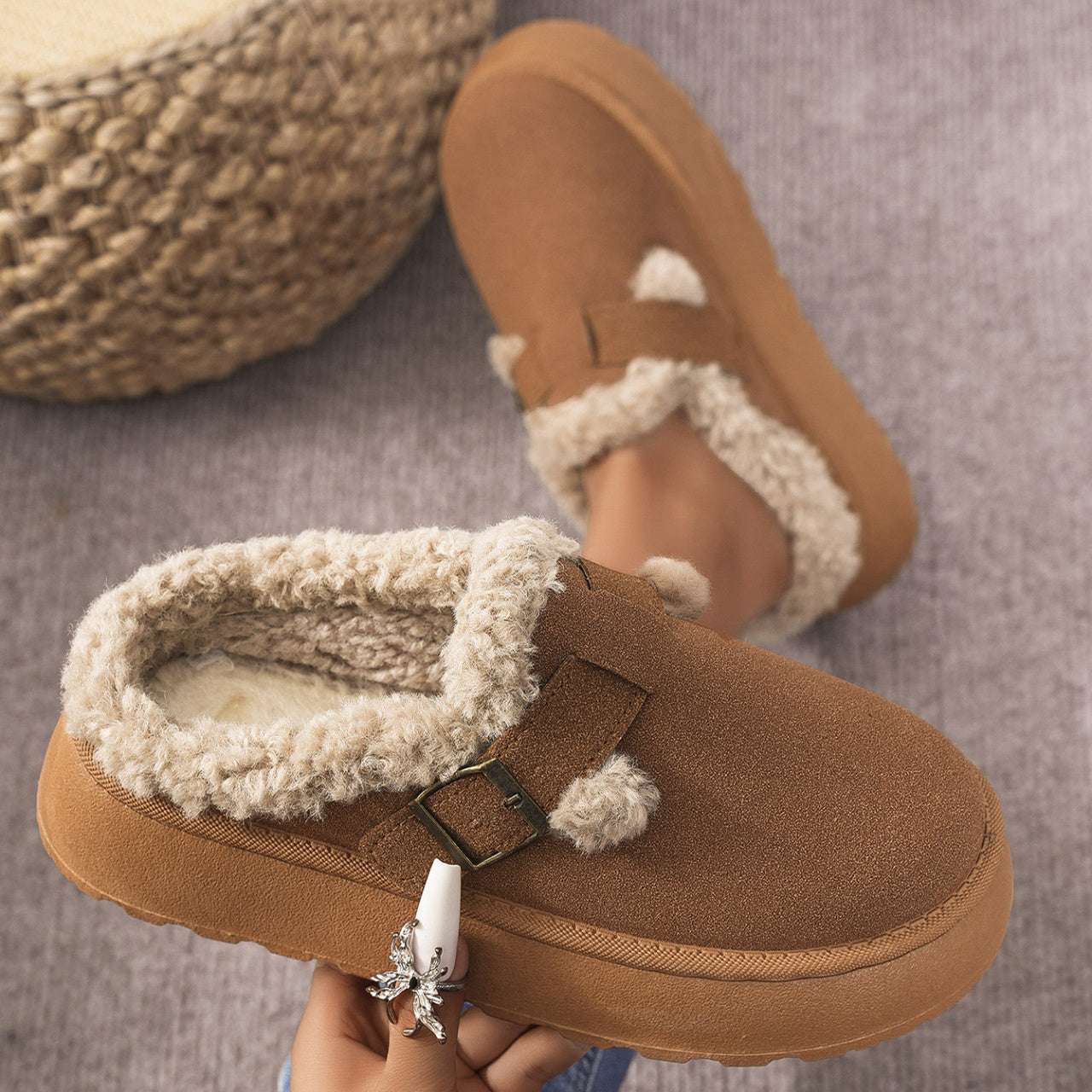 Fashion Thick-soled Plush Buckle Slippers – Warm Winter Shoes Fashion Thick-soled Plush Buckle Cotton | Ectron Online