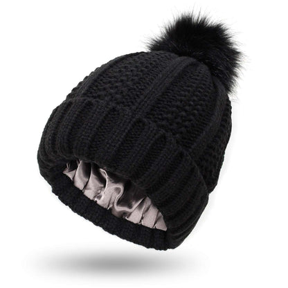 Winter Knitted Hats Fashion Stretchy Lined Skull Hats For Women Faux Fur Pom Pom Hat Keep Warming Beanie Hat