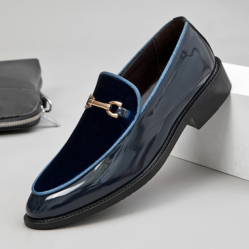 Blue shiny patent leather loafer with gold-tone buckle strap and low block heel