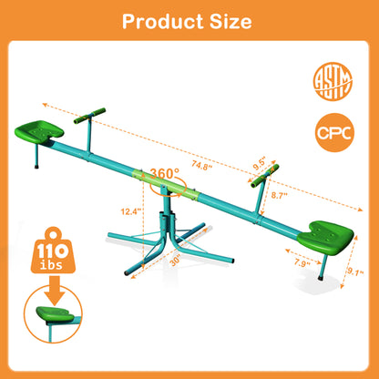 Kids 360° swivel seesaw product size diagram, 110 lb capacity shown