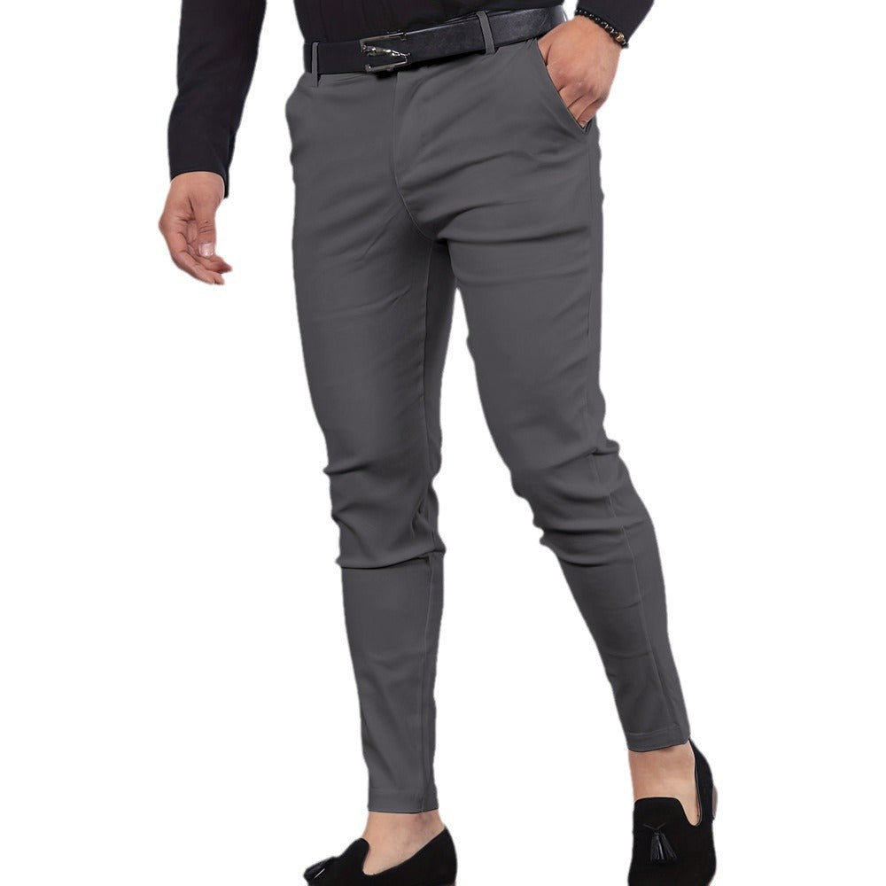 Men's solid chino pants, dark gray, slim tapered legs with cuffed hem