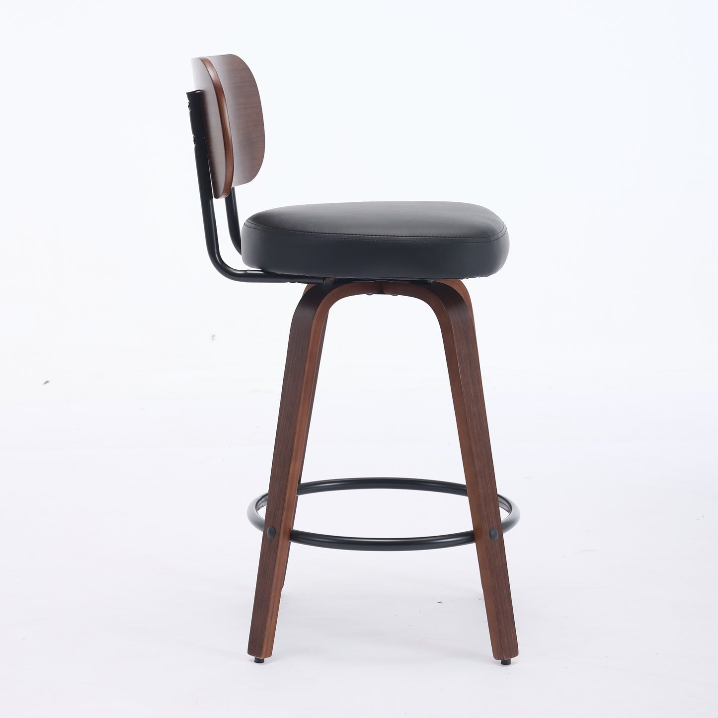Set of 2 Swivel Counter Stools - Black Faux Leather & Walnut Back
