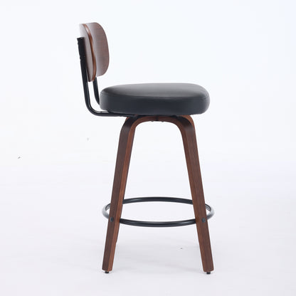 Swivel counter stool side view with black seat, walnut back, black metal base ring
